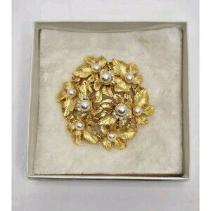 Vintage CRAFT Leaves Brooch Gold Tone Pin, Faux Pearl and Rhinestones, 1980s